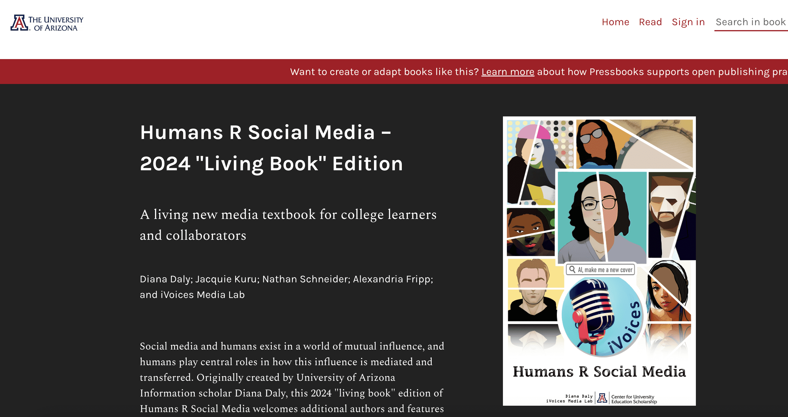 homepage for open textbook Humans R Social Media